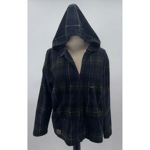 Ralph Lauren Zip Up  Womens Petite Medium Green Plaid Fleece Hooded Full Zipper